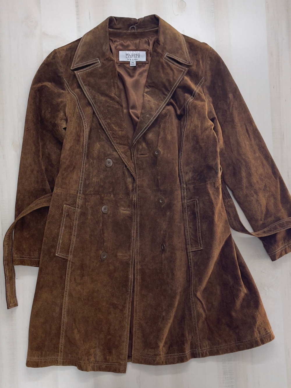 rare y2k WILSONS LEATHER maxima long brown suede leather jacket coat xl belted - Picture 6 of 8